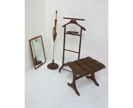 TEAK EFFECT STANDARD LAMPart deco style along with a rosewood clothes hanger a teak framed oblong wall mirror and one green c