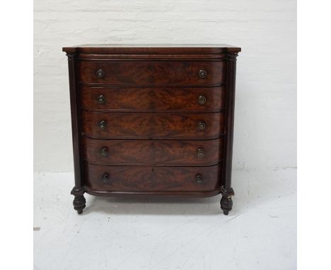 MID VICTORIAN MAHOGANY BOW FRONT CHESTthe five long drawers with turned handles with mother of pearl inlay, flanked by column