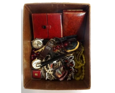 SELECTION OF COSTUME JEWELLERY AND WRISTWATCHESincluding a boxed Risis orchid brooch, a vintage boxed simulated pearl necklac