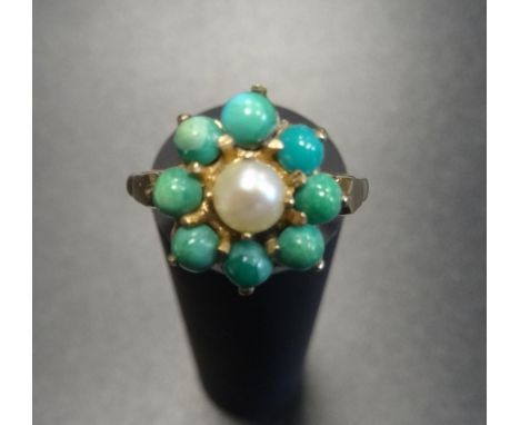 TURQUOISE AND PEARL CLUSTER RINGthe central pearl in turquoise surround, on nine carat gold shank, ring size N 