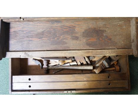 VINTAGE PINE TOOL BOXwith a lift up lid and containing a selection of woodworking tools including a plane, chisels, hammer, s