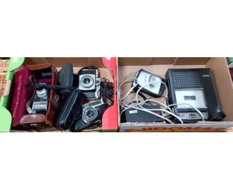 Box of vintage cameras, Kodak Brownie 44a &amp; Dakon lens, Pouillard-Bolex hand held cine movie film, Cannon Canonet Junior 