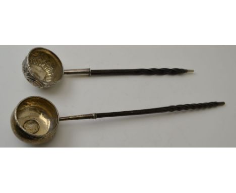 An 18th century silver punch ladle inset with George II sixpence 1758, together with an 18th century silver punch ladle with 