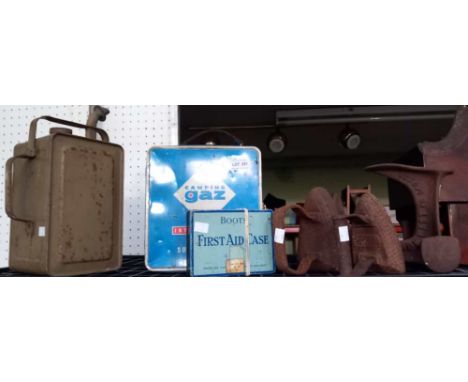 A Camping Gaz tin, Boots First Aid tin, Esso Blue can, shoe last &amp; flat irons