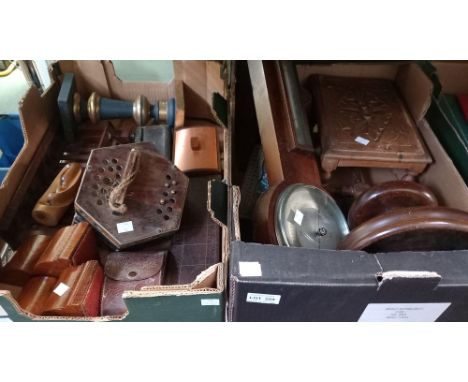 Two boxes of wooden wares to include a barometer, stool, squeeze box etc
