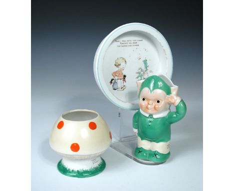 A collection of Shelley, Mabel Lucie Attwell wares comprising a Boo Boo jug, a toad stool sugar basin and a baby plate (3)  