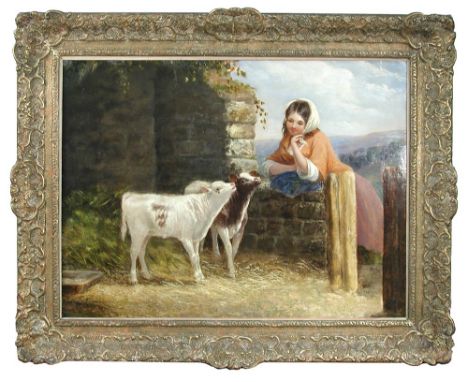Edward Holmes, RBA (British, fl. 1841-1891) A Milkmaid with two calves signed lower left on the trough "E Holmes" oil on canv