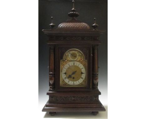 A late Vitcorian three train gong chiming mantle clock with brass German fusee movement, with wall bracket, 72cm high  
