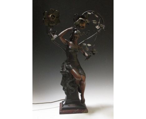 A French bronzed spelter Art Nouveau style table lamp  