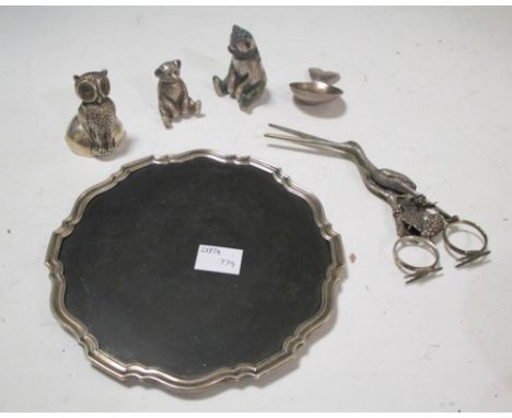 Two silver teddy bear peppers, a silver caddy spoon, London 1802, grape scissors in the form of a stork, an owl menu stand an