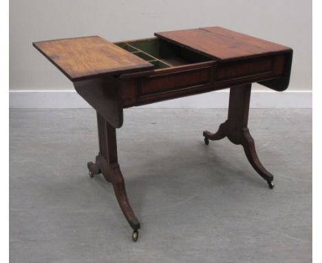 A 19th century continental fruitwood sofa table, with opening top to providing compartments, on standard end supports, swept 