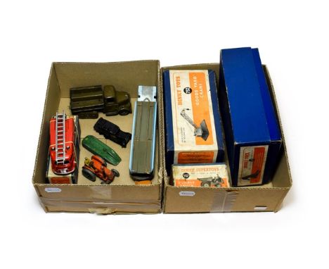 Dinky Boxed Models 555 Fire engine (some retouching) 562 Dumper, 752 Goods crane and 564 Elevator loader (generally G boxes F