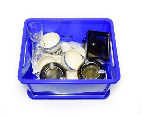 Blue Funnel Line Crockery Group large serving dish, side plate, 4 egg cups, 4 saucers two patterns, 5 coffee cups 3 teacups; 