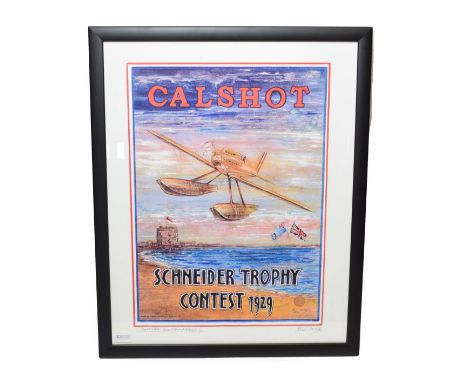 Phil May (b.1925) Signed Giclee Poster Print Gloster Golden Arrow CALSHOT Schneider Trophy 1929 on canvas 20''x 16'' framed &