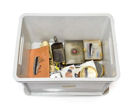 Cunard Line Group three acrylic boxes, three compacts, storage box RMS Carintha, clothes brush, cigarette case, three Maureta