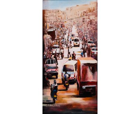 KAMPALAN STREET SCENEsigned Jjuuko Hoods lower leftoil on canvas114.5 x 56cm; 45 x 22in unframedProperty of a Private Collect