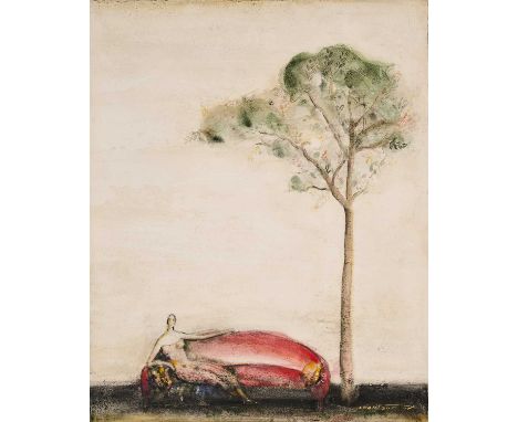LADY ON A COUCHsigned in Arabic and English Hammoud CHANTOUT lower rightoil on canvas laid on board50 x 40cm; 19 3/4 x 15 3/4