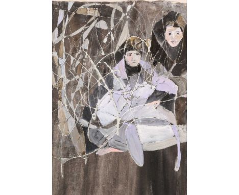 NADIRA AZZOUZ (IRAQI 1927-2020)  ⊕ LADY WITH MAID signed in Arabic Nadira lower left oil on paper 47.5 x 33cm; 18 3/4 x 13in 