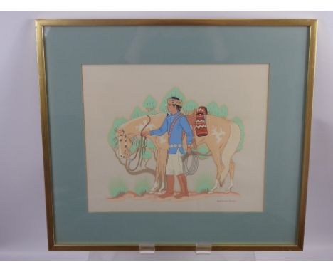 Harrison Begay (1917-2012 Navajo Artist), a screen print depicting a Native American, signed lower right, framed and glazed, 