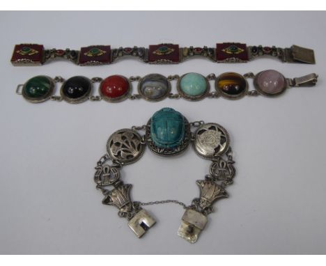 Three Vintage Silver Bracelets, one set with semi-precious cabachon stones and the other ceramic scarab beetles and the third