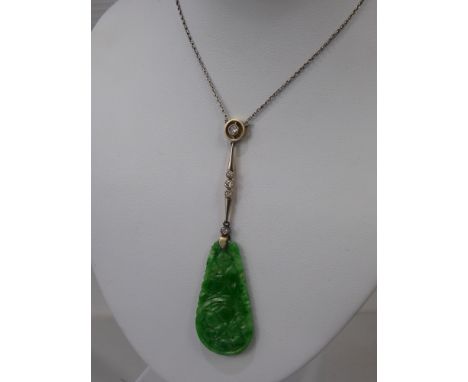 A Circa 1920's 18 ct and Platinum White Gold Jade and Diamond Drop Pendant, the pendant having single diamond suspended in ci