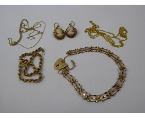 Miscellaneous 9 ct Gold, including chains, earrings and gate link bracelet, approx 11.5 gms