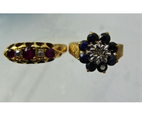 A Lady's 9 ct Gold Bark Finish Sapphire and Diamond Ring, Size M, 1 x 1 pts 8 ct dia and 8 x 3 mm sapphire together with a la