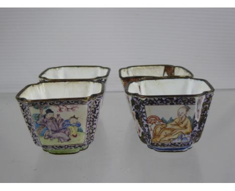 Four Antique Chinese Enamel Liquor Cups, hand painted with figures in a garden. (af)