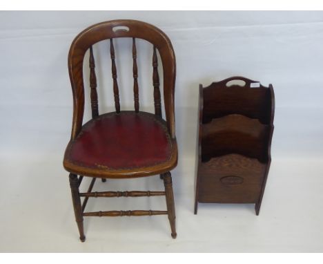 A Vintage Oak Spindle Back Desk Chair, together with magazine rack. (2)