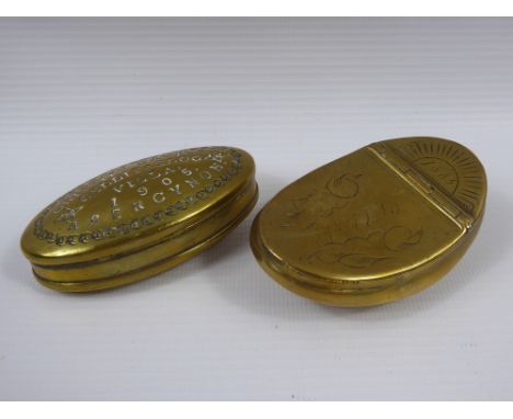 A 19th Century Brass Slipper Snuff Box, dated 1885 together with another dated 1905 and inscribed Abercynon. (2)