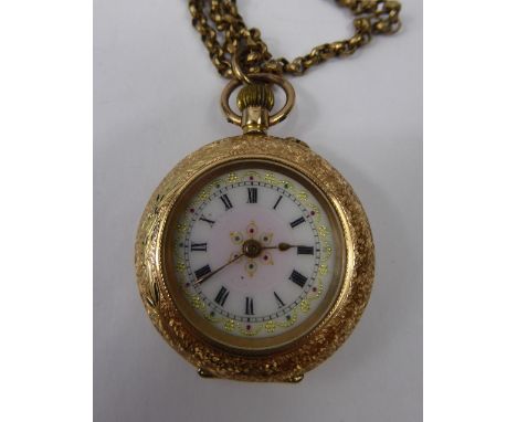 A Lady's Continental 14 ct Self Wind Gold and Enamel Open Face Pocket Watch,  on yellow metal muff chain and having engraved 