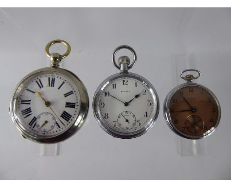 A Chrome Vintage Open Face Pocket Watch, together with a Bernex chrome pocket watch, a vintage Russian pocket watch having a 