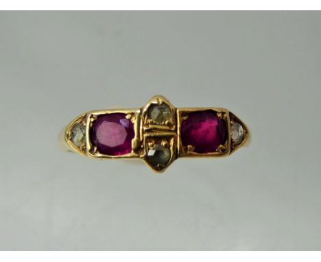 A Lady's Antique 18 ct Yellow Gold Ruby and Rose Cut Diamond Ring, two 4 x 3.5 mm ruby's, 4 x rose cut dias, size M, approx 2