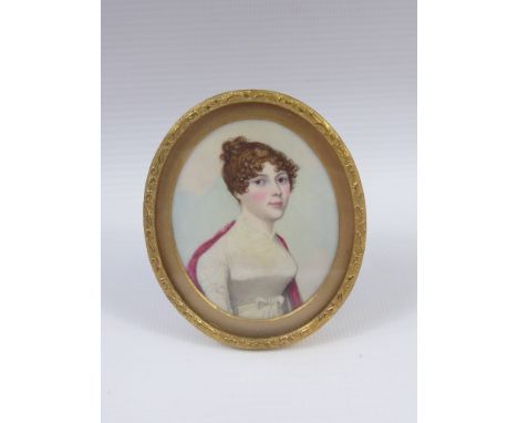 An 18th Century Portrait Miniature on Ivory, depicting a young woman, approx 5 x 6 cms