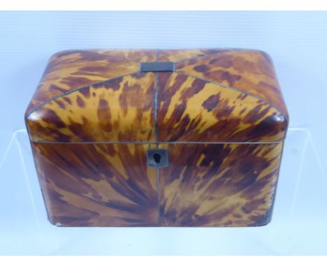 An Antique Blonde Tortoiseshell and Silver Inlay Tea Caddy, with two internal compartments, approx 18 x 10 x 10 cms.