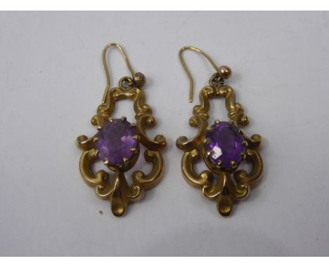 A Pair Lady's Antique 14 ct Gold and Amethyst Drop Earrings, two amethyst 10 x 8 mm, approx 10.2 gms.