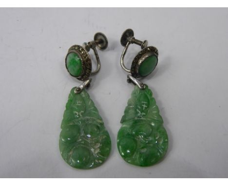 A Pair of Lady's Antique Silver and Carved Jade and Marcasite Drop Earrings, the tear drop earrings carved with fruit, approx