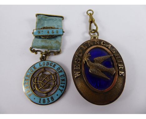 A Solid Silver and Blue Enamel West Lancashire Masonic Jewel, together with another Frederic Lodge of Unity Nr 452. (2)