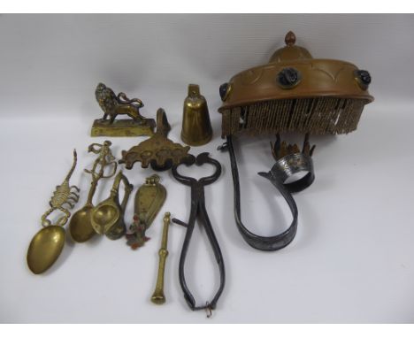 Miscellaneous Items, including an early 20th Century Brass Lamp Shade with beaded decoration, antique cast iron sugar cutters