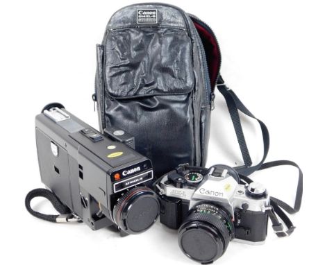 Various camera and related equipment, Canon AE-1 with FD50mm 1:1.4 lens, 10cm H, other cameras, accessories, etc.  (a quantit