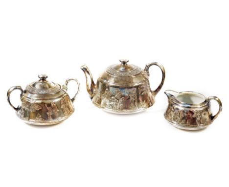 A late 19thC Wedgwood silver lustre three part tea service, comprising of a teapot, 9cm H,  two handled sugar bowl and cream 