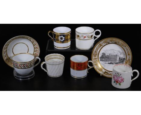 Various early 19thC cabinet cups, saucers, etc.  a Spode type transfer printed castle scene, with gilt edge saucer, 16cm Dia.