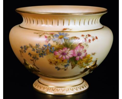 An early 20thC Royal Worcester blush ivory vase, of compressed bellied form, handpainted with flowers with gilt highlights, o