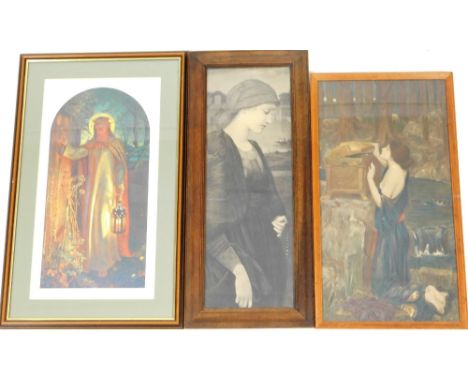 After William Holman Hunt.  The Light of The World, print, 53cm x 25cm, further Pre-Raphaelite print, etc.  (3)