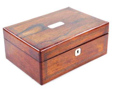 A 19thC rosewood sewing box, of rectangular form, with vacant mother of pearl cartouche and part fitted interior, 12cm H, 28c