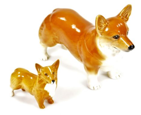 A Beswick figure of a corgi, small size, printed marks beneath, 7cm H, and another Sylvac larger example.  (2)