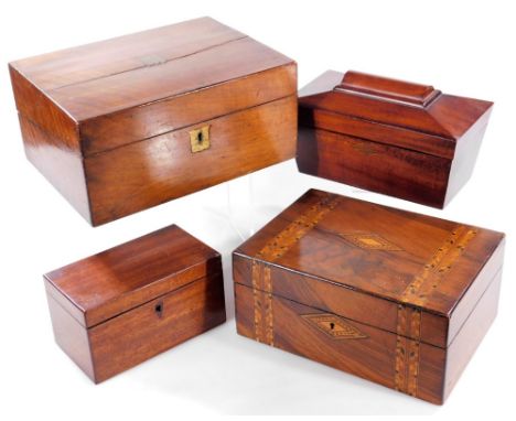 Various boxes, a 19thC mahogany sarcophagus tea caddy, 16cm H, 26cm W, 14cm D, a Tunbridge style box, writing slope and a fur