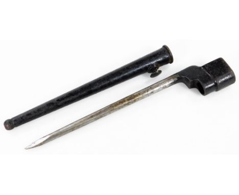 A mid 20thC bayonet and scabbard, with turned blade, reputed to have been used in the Korean war, 29cm W.