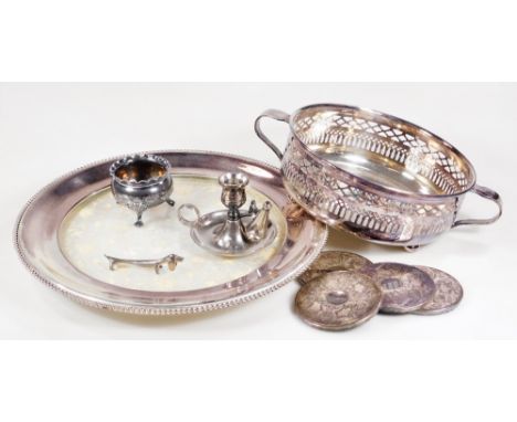 Various silver plated ware, chamber stick, 10cm H, coasters, two handled bowl, cake stand, etc.  (a quantity)