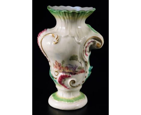 An 18thC Derby porcelain rococo vase, decorated with two rural landscapes, with patch mark, c1765,   12.5cm H.